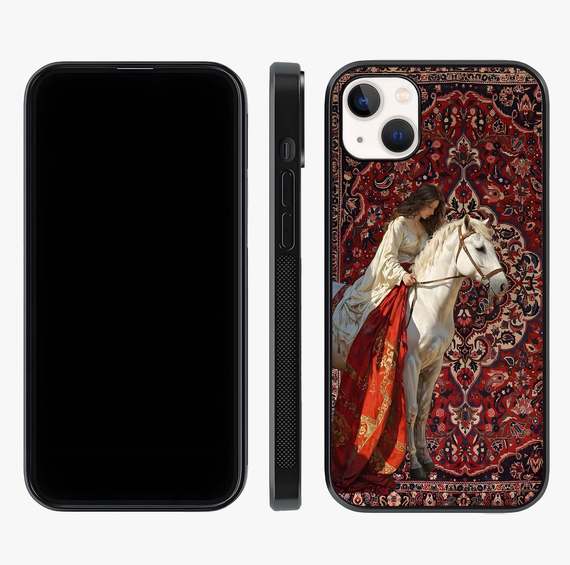 Royal Rider Tapestry Glass Case displayed upright for full design visibility and premium finish.