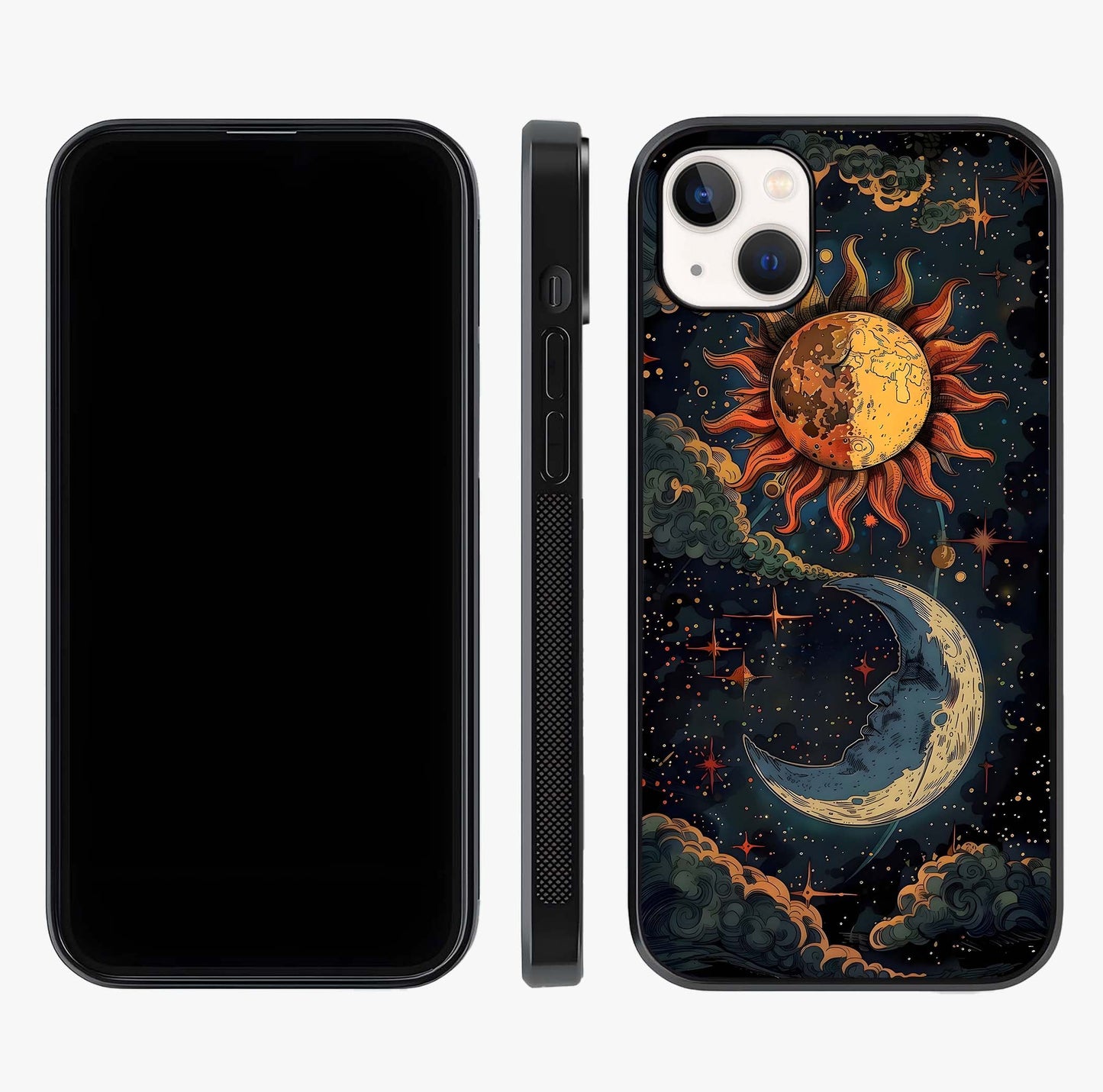 Sun And Moon Magic Design Glass Case displayed upright for full design visibility and premium finish.