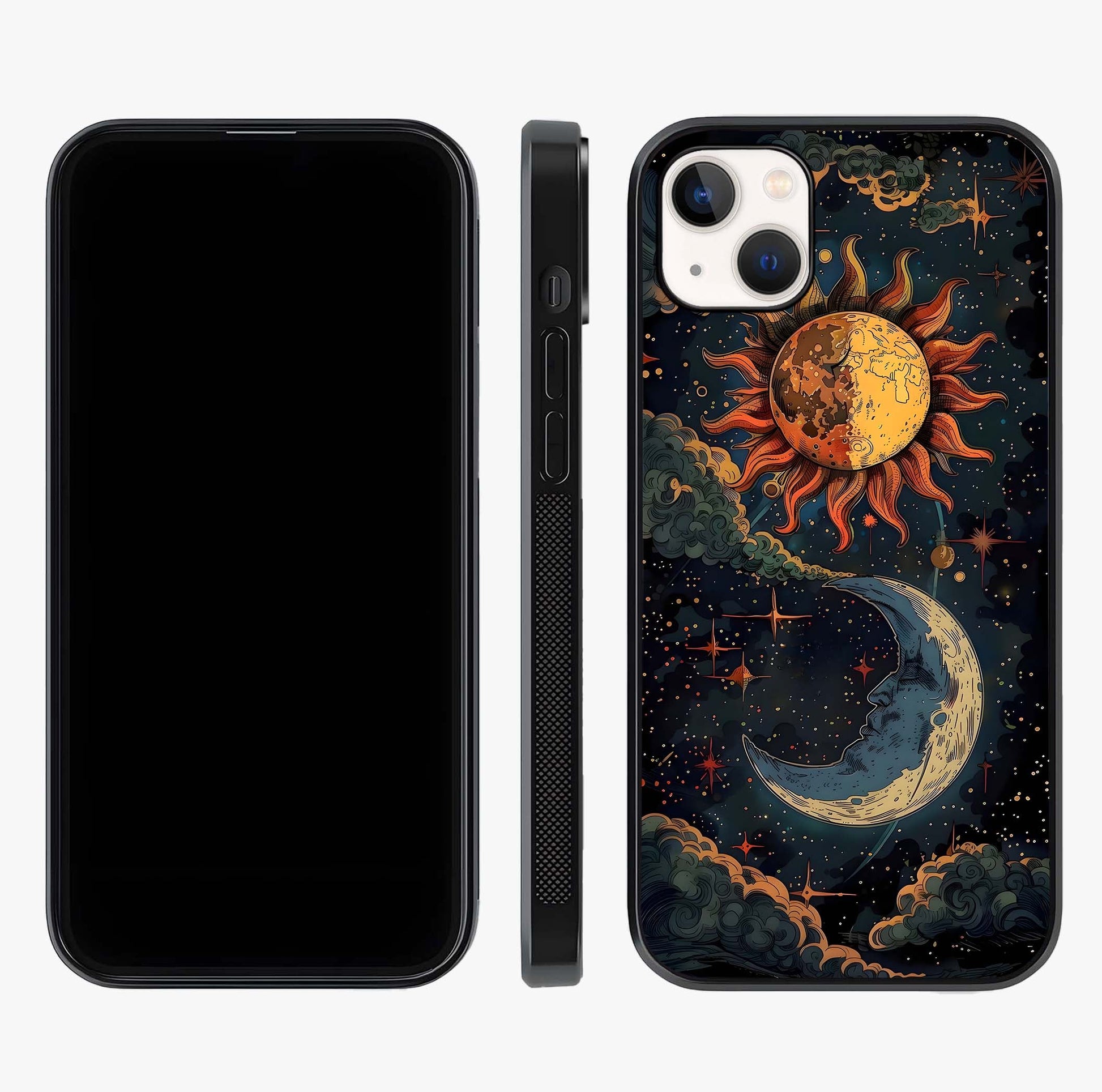 Sun And Moon Magic Design Glass Case displayed upright for full design visibility and premium finish.