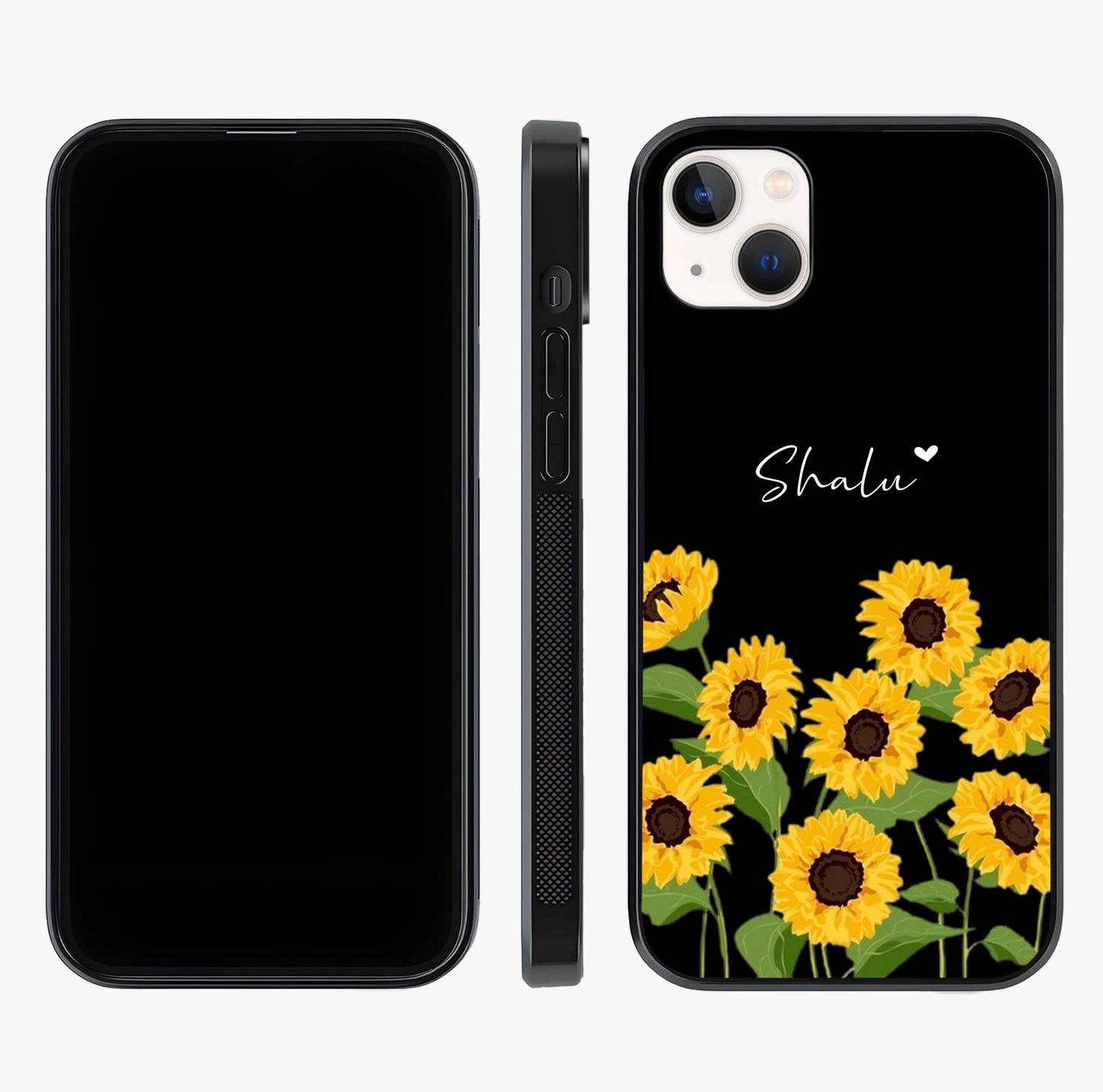 Sunflower Chic Mood Custom Name Glass Case displayed upright for full design visibility and premium finish.