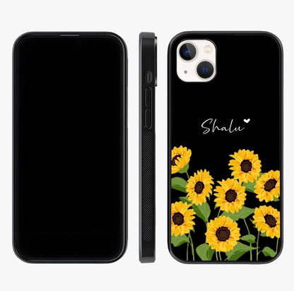 Sunflower Chic Mood Custom Name Glass Case displayed upright for full design visibility and premium finish.