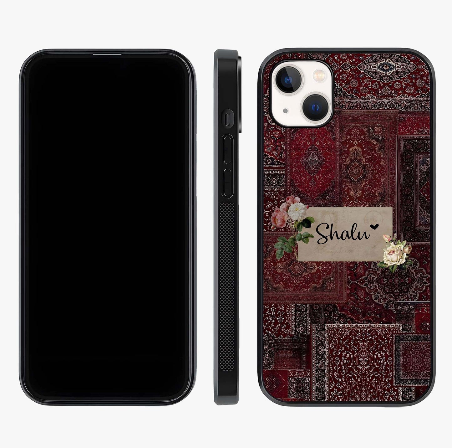 Velvet Wine Pattern Custom Name Glass Case displayed upright for full design visibility and premium finish.