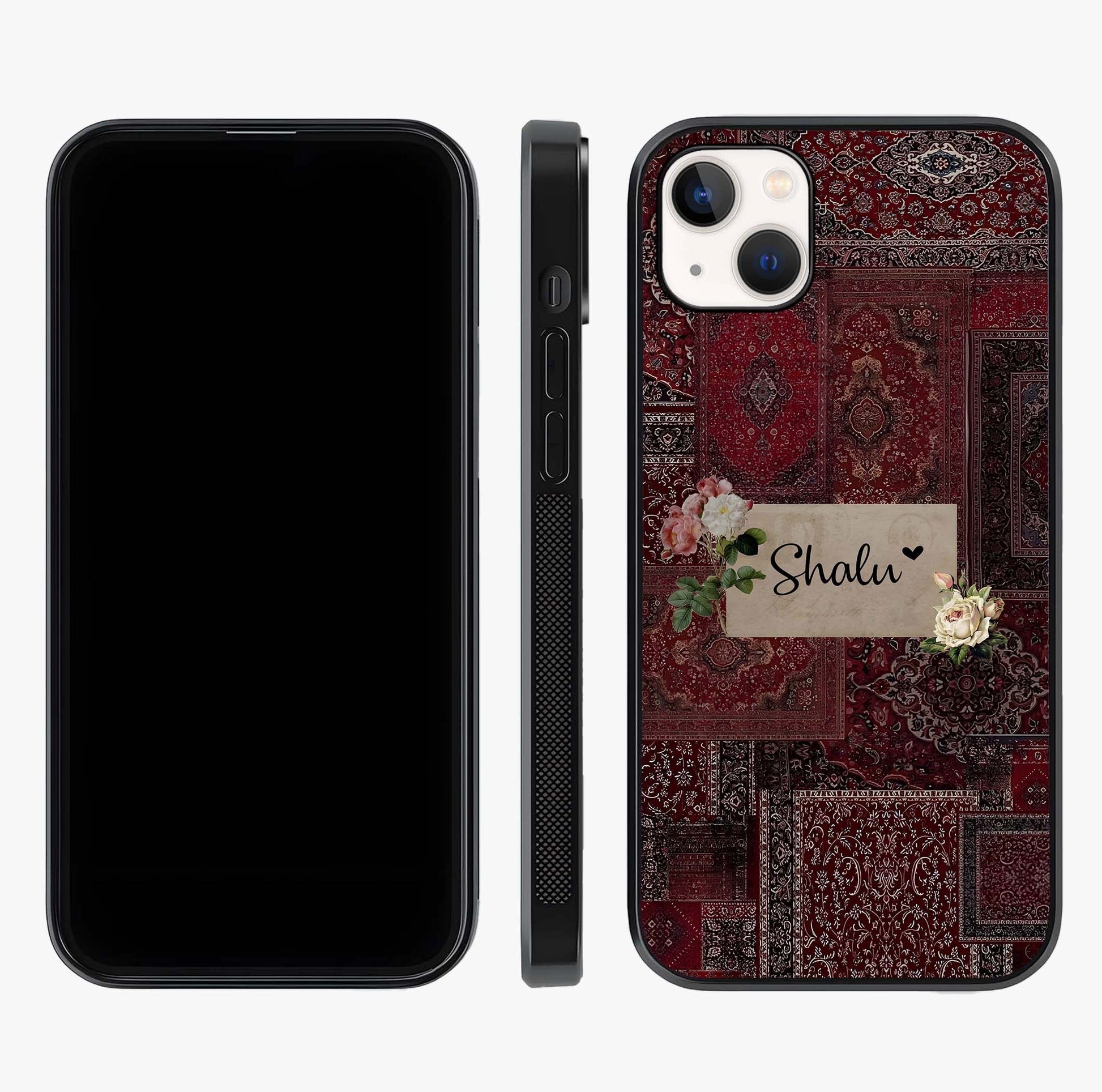 Velvet Wine Pattern Custom Name Glass Case displayed upright for full design visibility and premium finish.