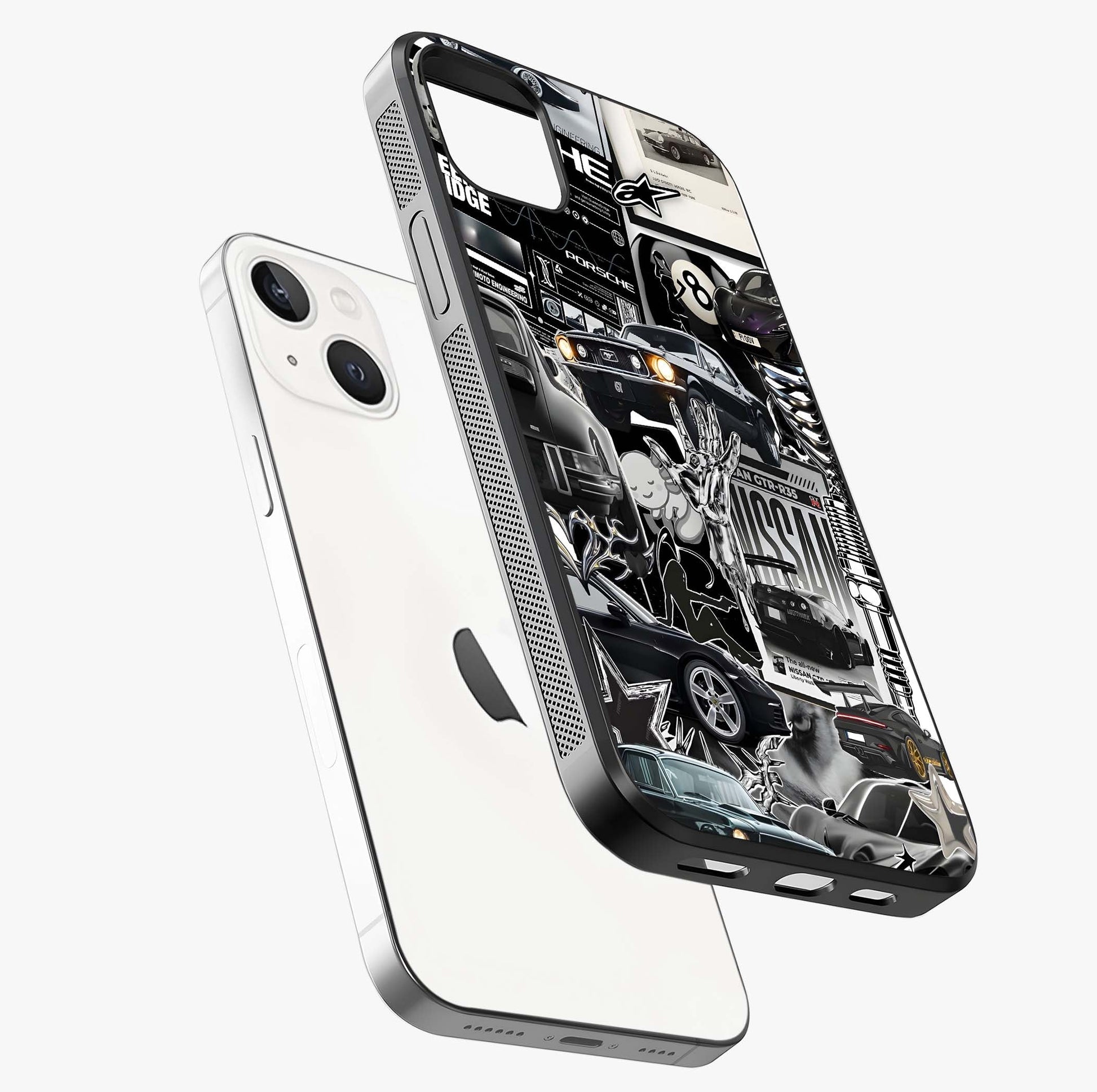 Aesthetic Dark Love Glass Case laid diagonally highlighting side profile, edges and glossy glass shine.