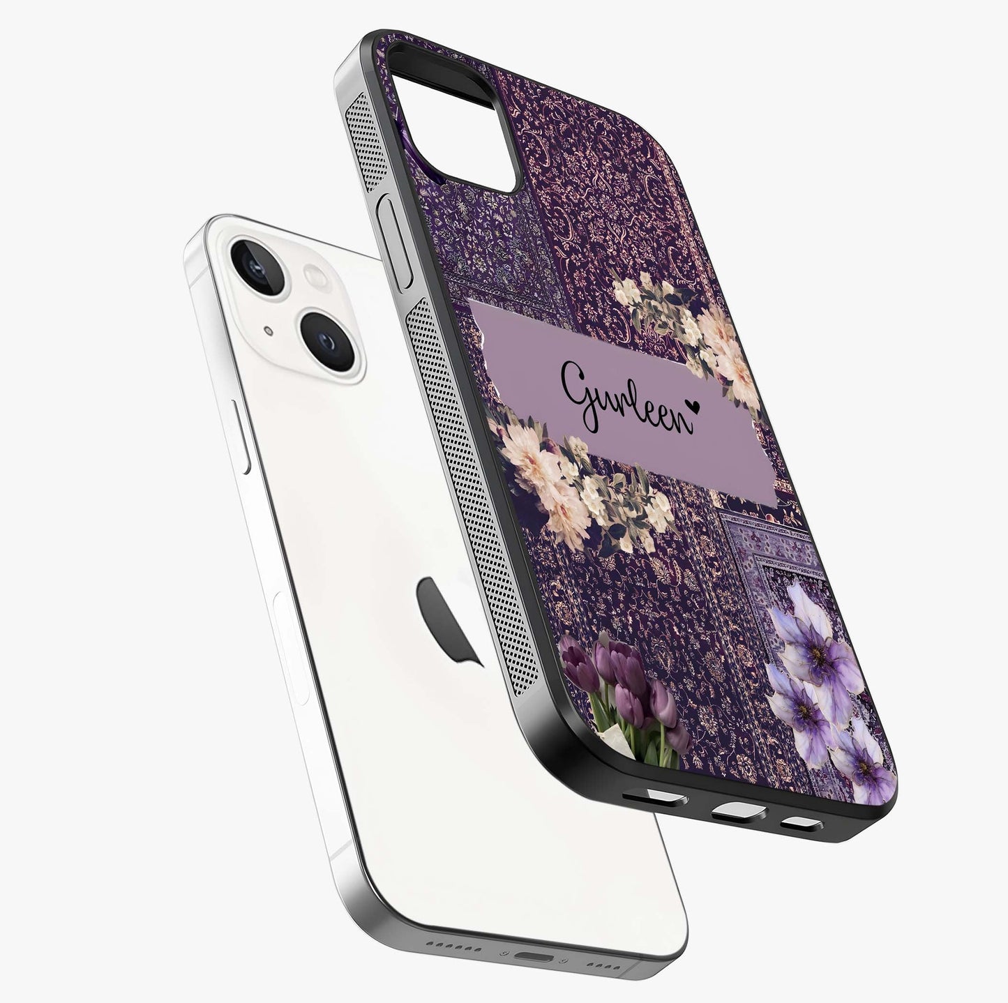 Antique Floral Whisper Custom Name Glass Case laid diagonally highlighting side profile, edges and glossy glass shine.