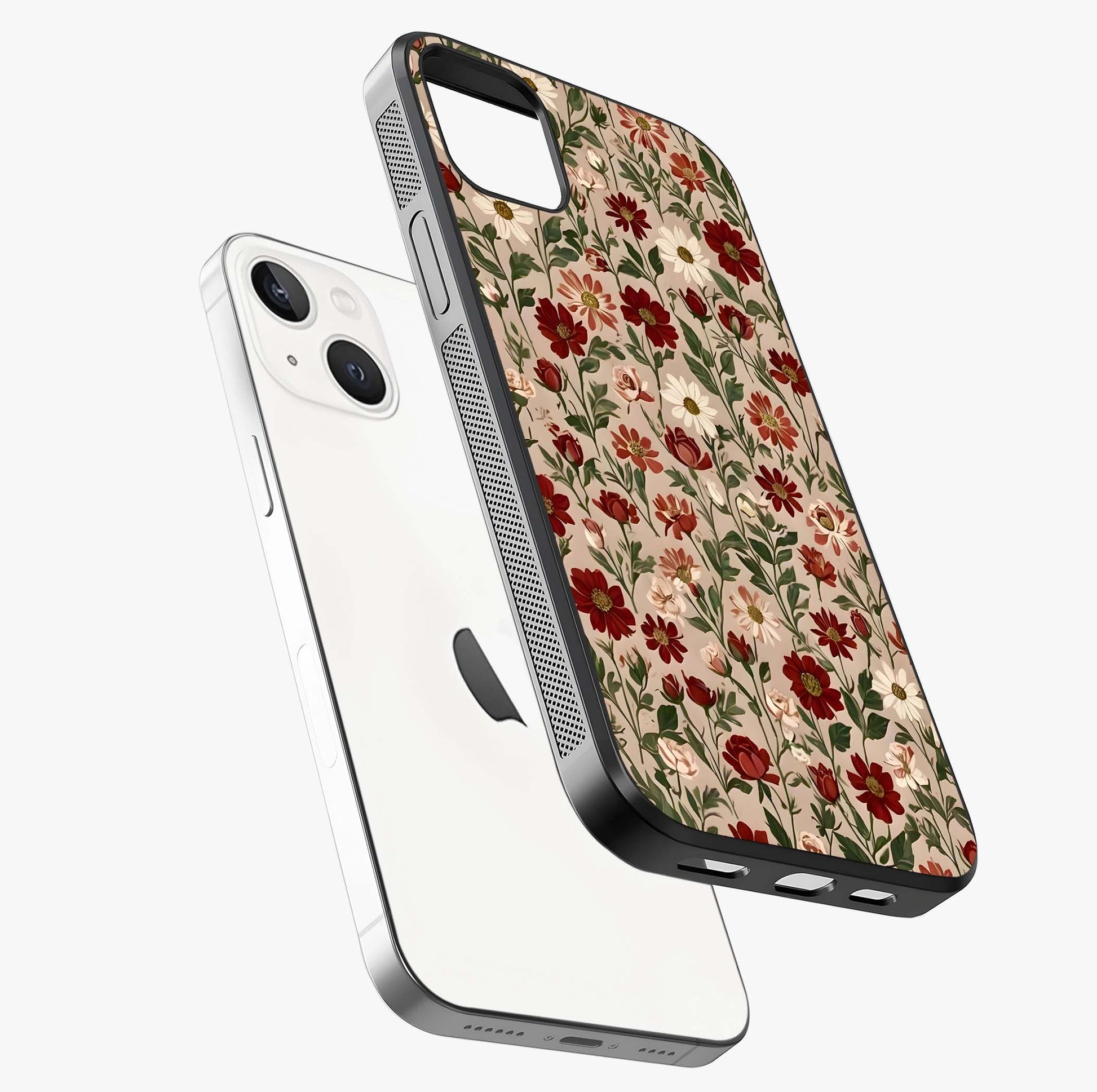 Biege Flower With Leaf Glass Case laid diagonally highlighting side profile, edges and glossy glass shine.