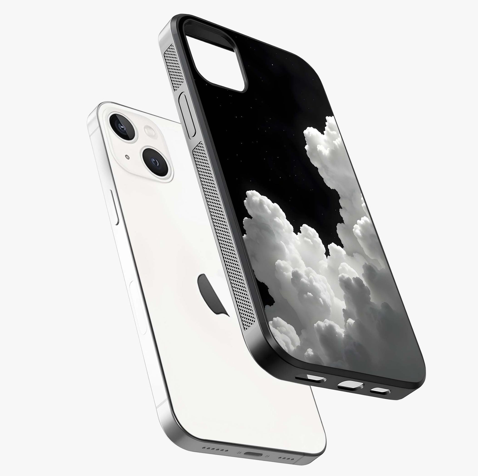 Black Background With White Cloud Glass Case laid diagonally highlighting side profile, edges and glossy glass shine.