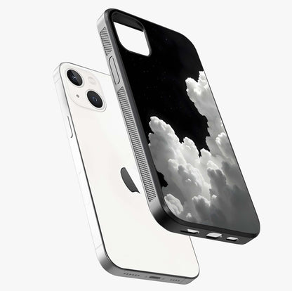 Black Background With White Cloud Glass Case laid diagonally highlighting side profile, edges and glossy glass shine.