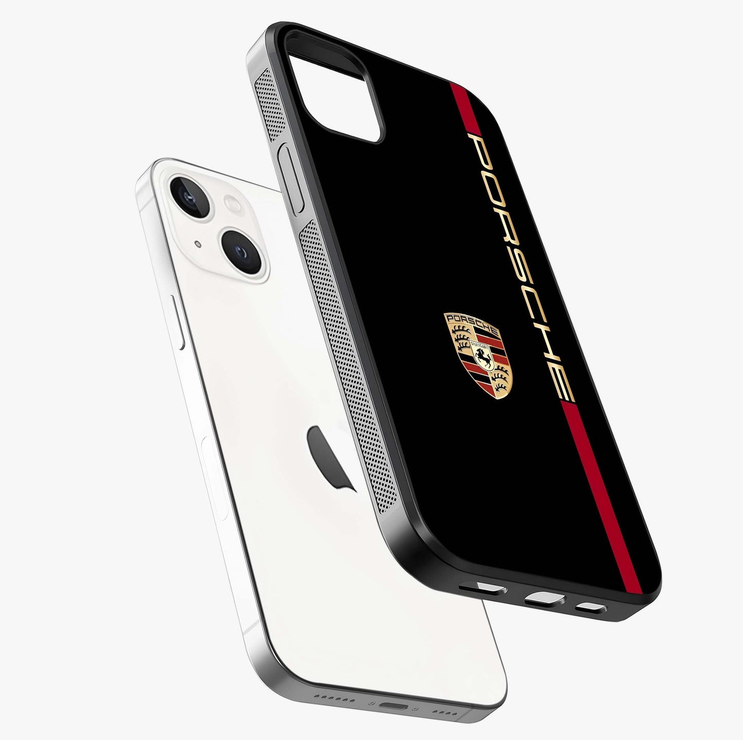 Black Minimal Porsche Glass Case laid diagonally highlighting side profile, edges and glossy glass shine.