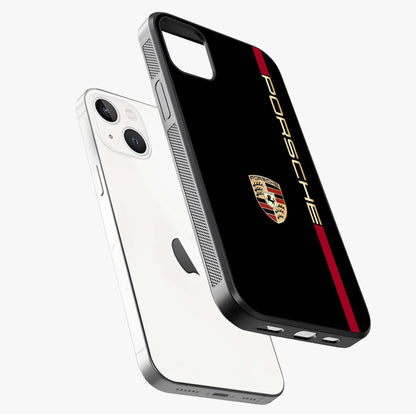 Black Minimal Porsche Glass Case laid diagonally highlighting side profile, edges and glossy glass shine.
