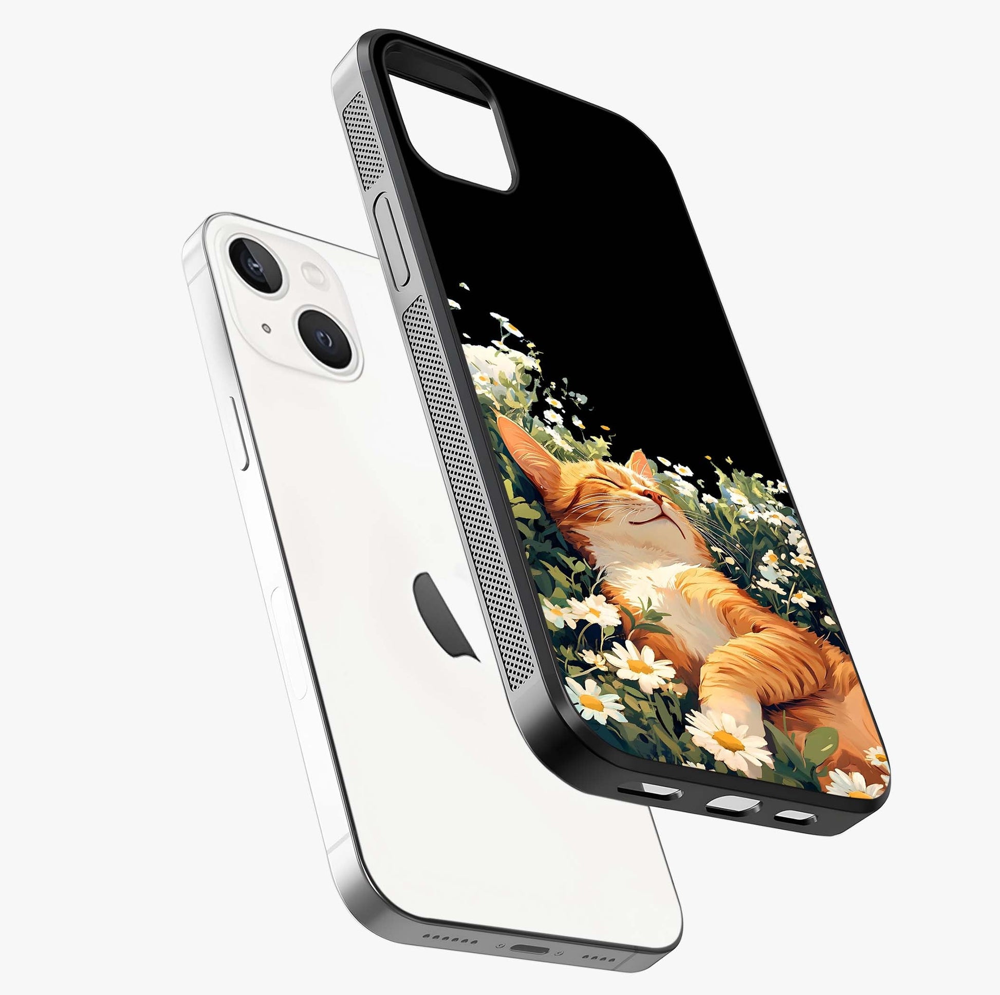 Blissful Bloom Cat Glass Case laid diagonally highlighting side profile, edges and glossy glass shine.