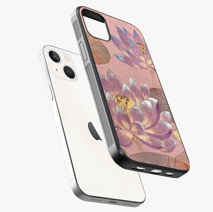 Blossom Mist Lotus Glass Case laid diagonally highlighting side profile, edges and glossy glass shine.