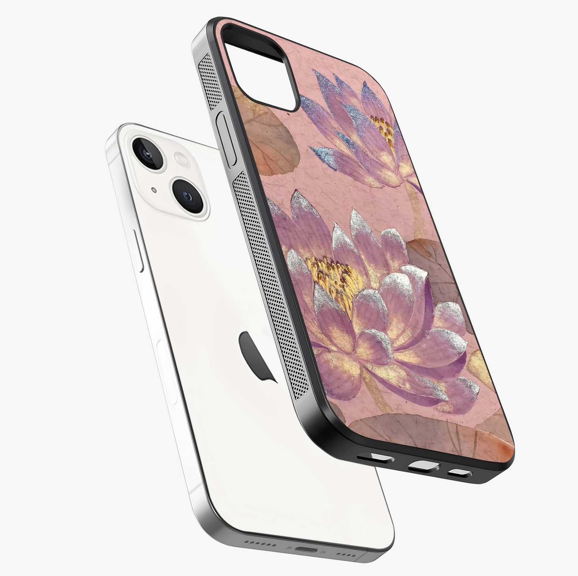 Blossom Mist Lotus Glass Case laid diagonally highlighting side profile, edges and glossy glass shine.