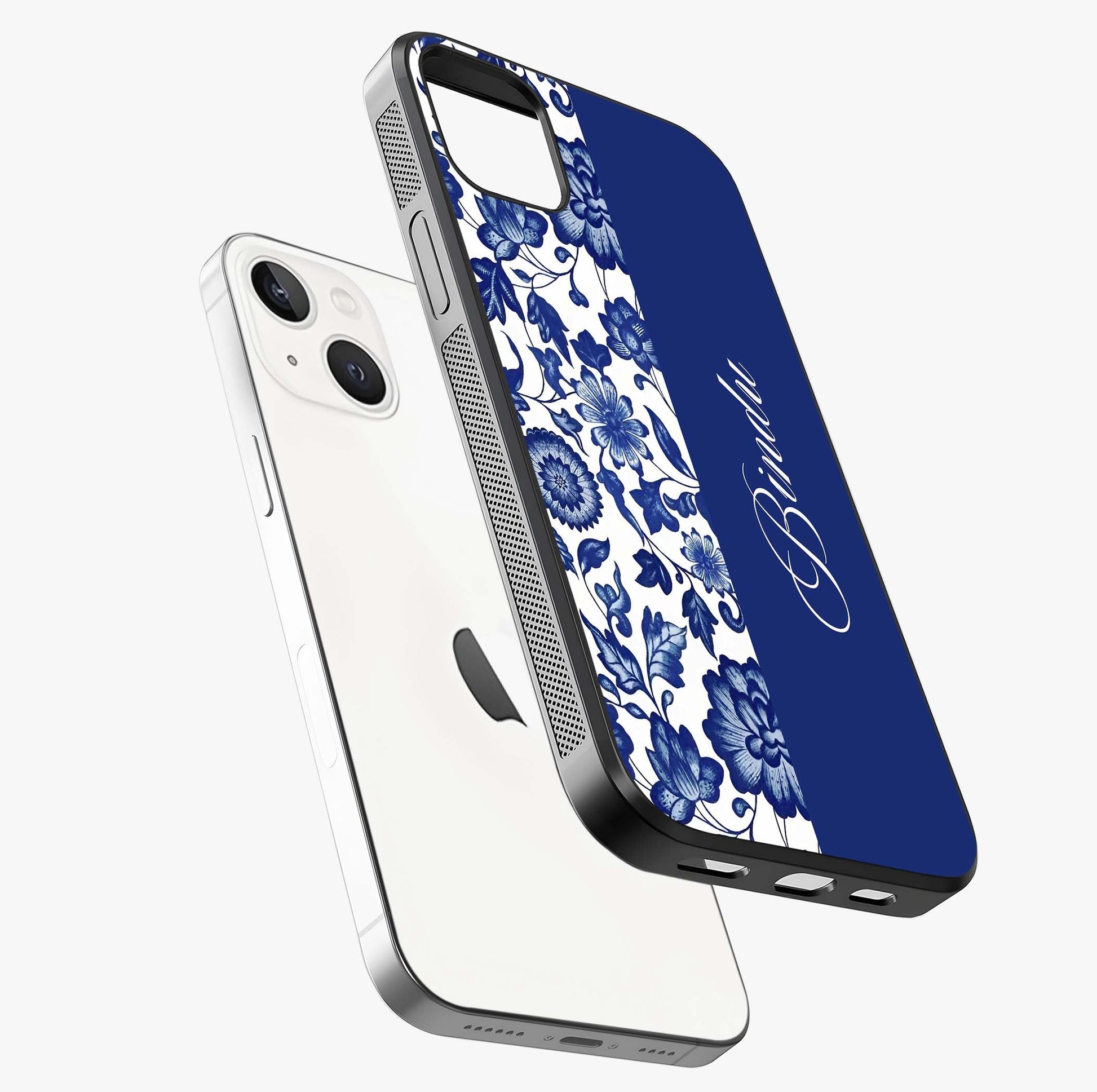 Blue Vintage Floral Pattern Glass Case laid diagonally highlighting side profile, edges and glossy glass shine.