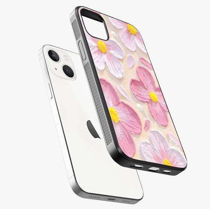 Blush Bloom Texture Glass Case laid diagonally highlighting side profile, edges and glossy glass shine.