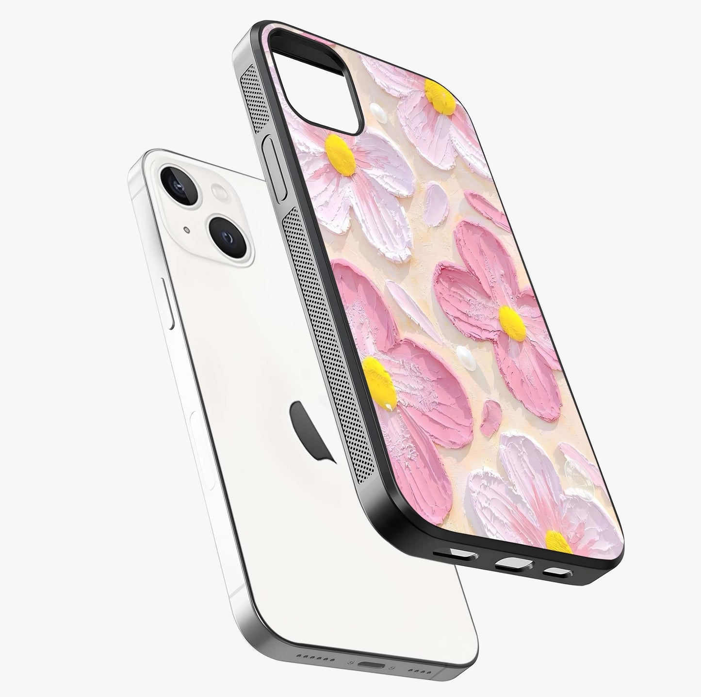 Blush Bloom Texture Glass Case laid diagonally highlighting side profile, edges and glossy glass shine.