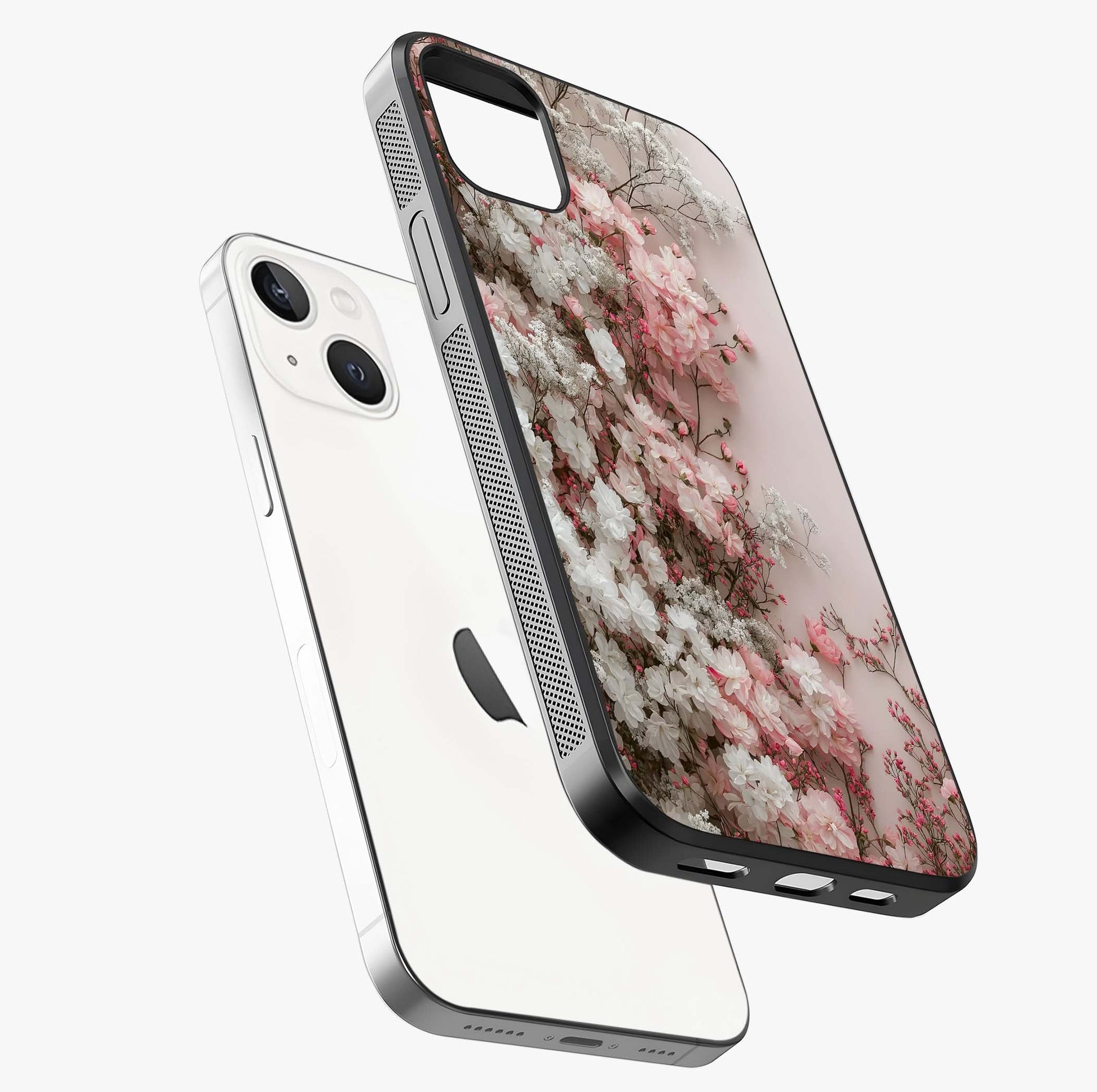 Blush Blossom Cloud Glass Case laid diagonally highlighting side profile, edges and glossy glass shine.