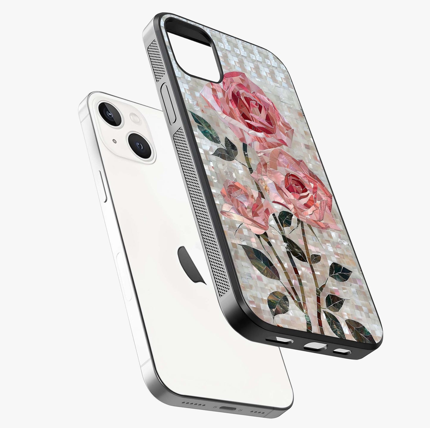 Blush Mosaic Bloom Glass Case laid diagonally highlighting side profile, edges and glossy glass shine.