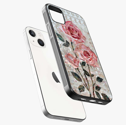 Blush Mosaic Bloom Glass Case laid diagonally highlighting side profile, edges and glossy glass shine.