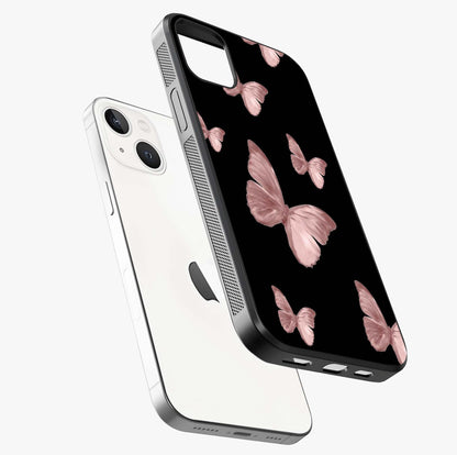 Butterfly Pattern Glass Case laid diagonally highlighting side profile, edges and glossy glass shine.
