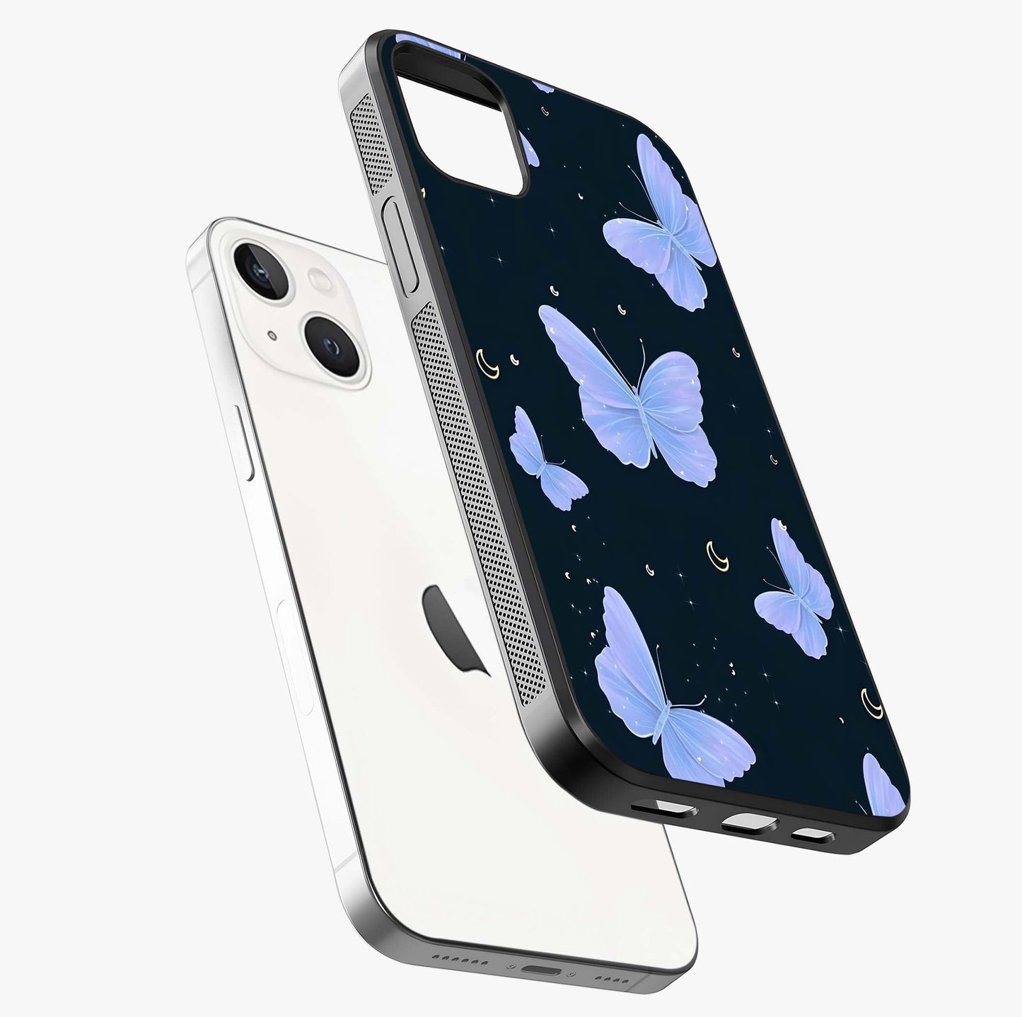 Butterfly With Stars Pattern Glass Case laid diagonally highlighting side profile, edges and glossy glass shine.