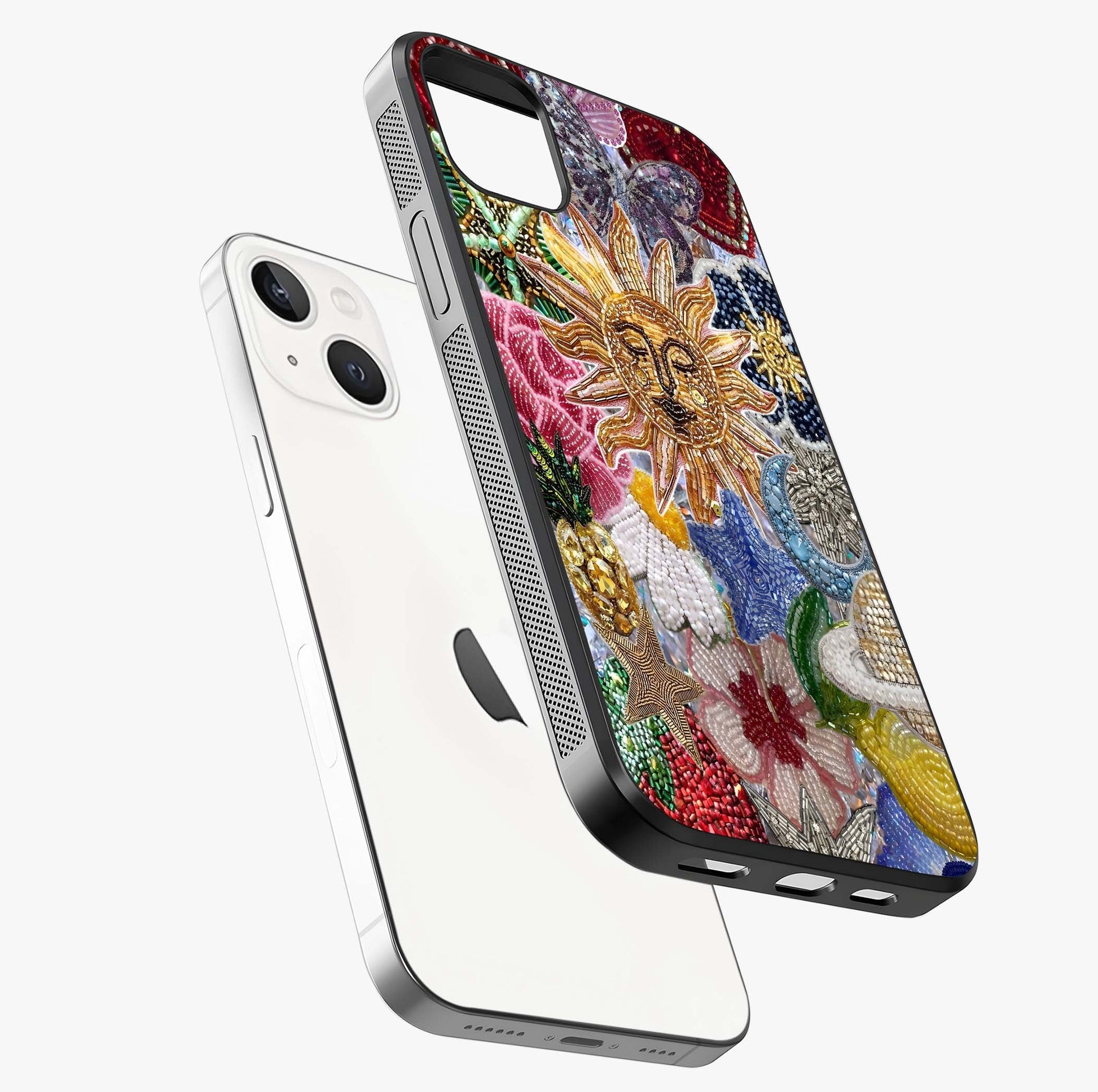 Celestial Floral And Playful Glass Case laid diagonally highlighting side profile, edges and glossy glass shine.