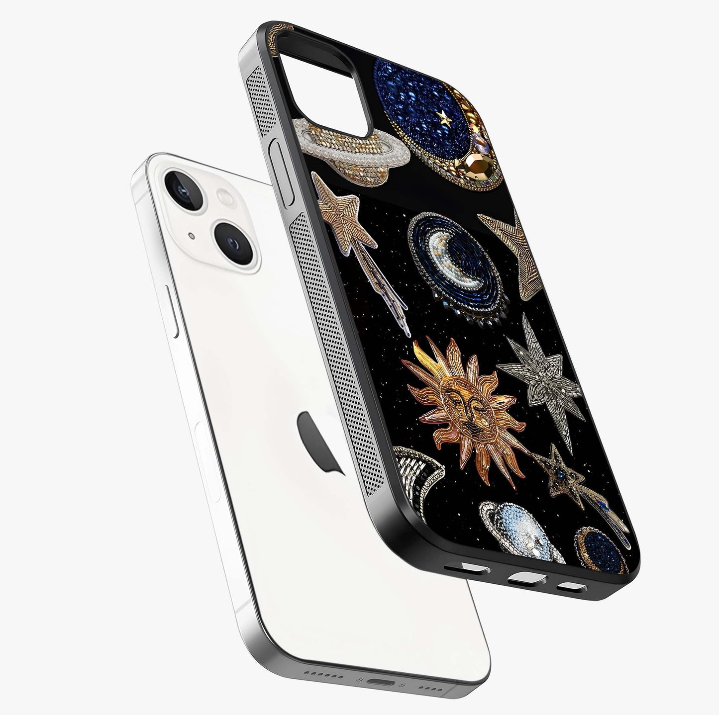 Celestial Gem Constellations Glass Case laid diagonally highlighting side profile, edges and glossy glass shine.