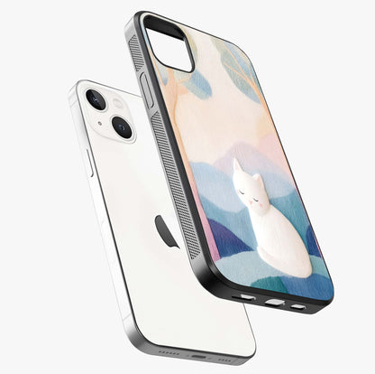Cotton Dream Cat Glass Case laid diagonally highlighting side profile, edges and glossy glass shine.