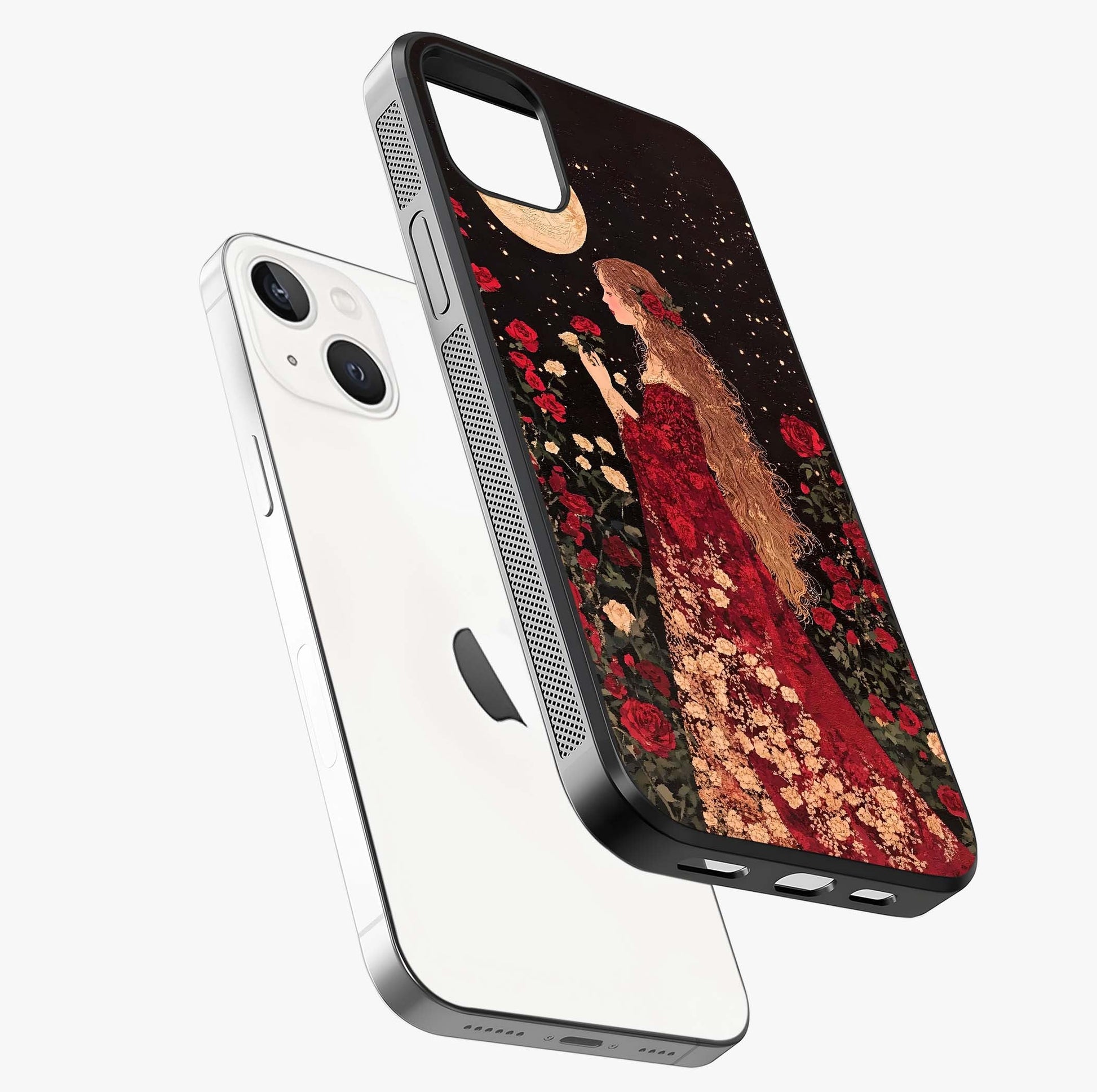 Crimson Dreams Glass Case laid diagonally highlighting side profile, edges and glossy glass shine.