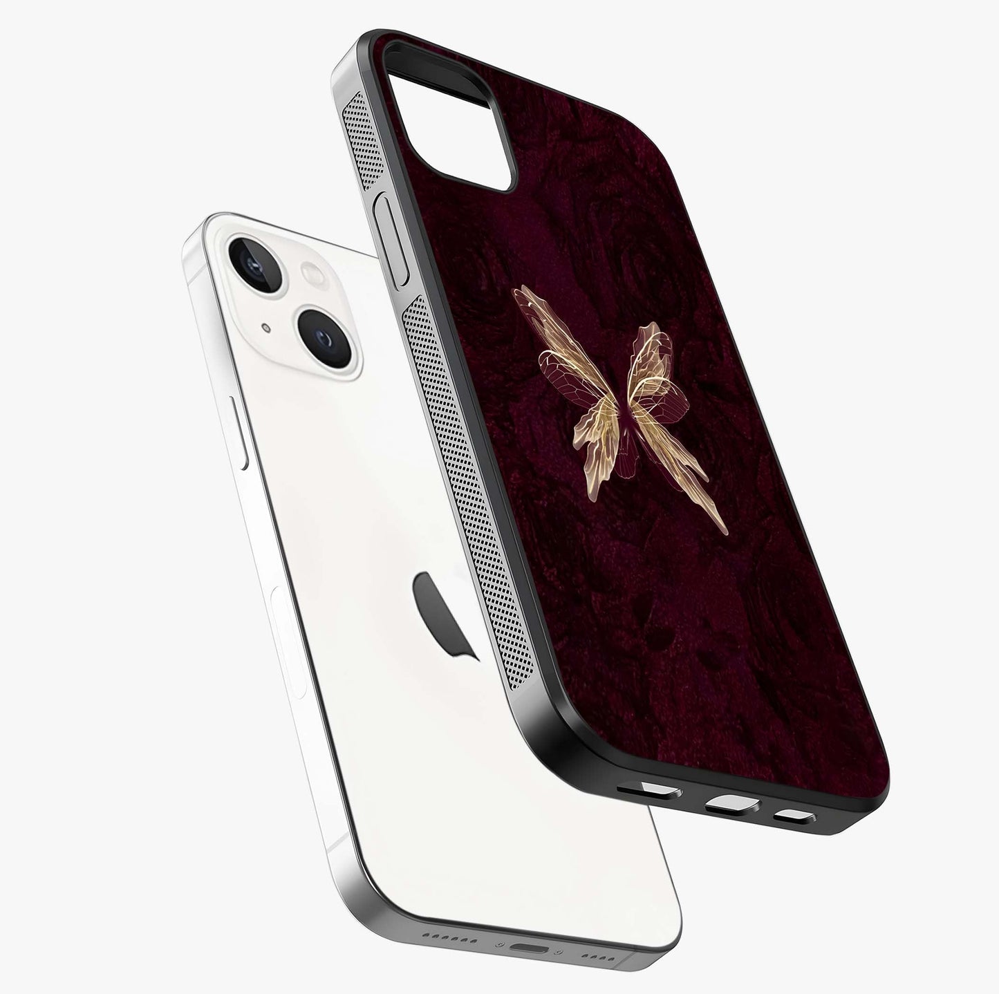 Crimson Fade Butterfly Glass Case laid diagonally highlighting side profile, edges and glossy glass shine.
