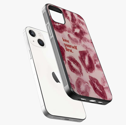 Crimson Kiss Love Glass Case laid diagonally highlighting side profile, edges and glossy glass shine.
