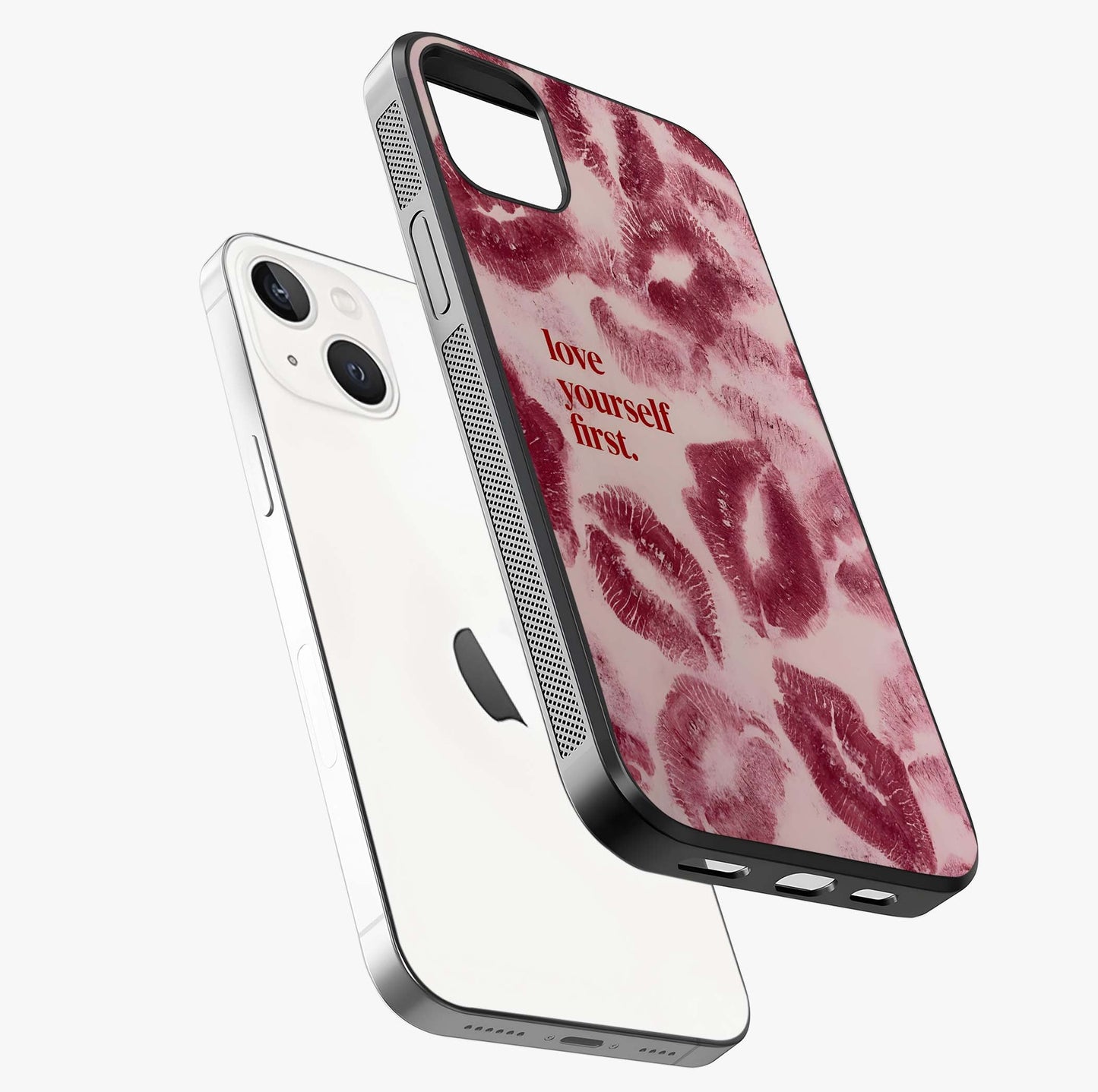 Crimson Kiss Love Glass Case laid diagonally highlighting side profile, edges and glossy glass shine.