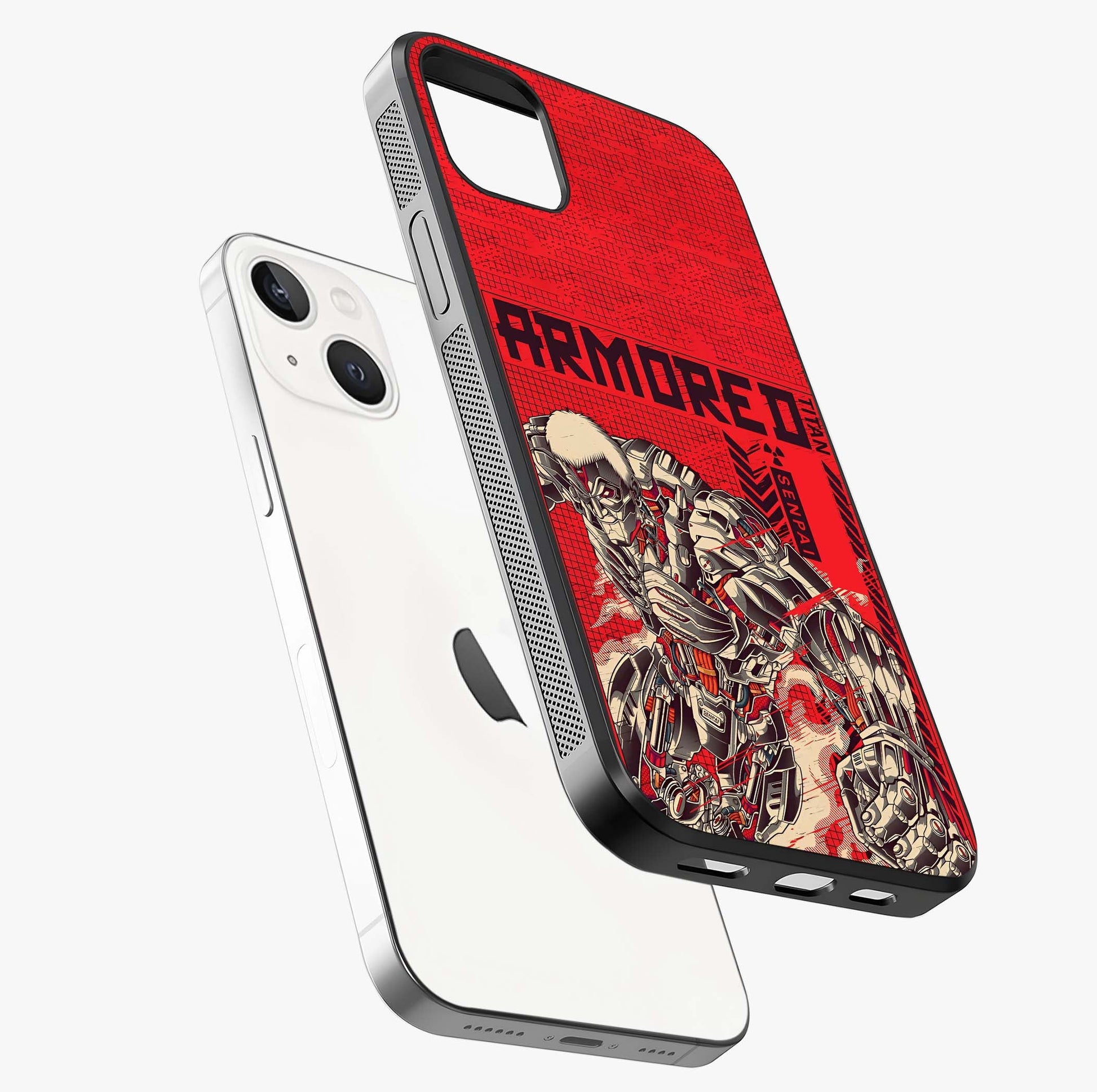Crimson Mecha Titan Glass Case laid diagonally highlighting side profile, edges and glossy glass shine.