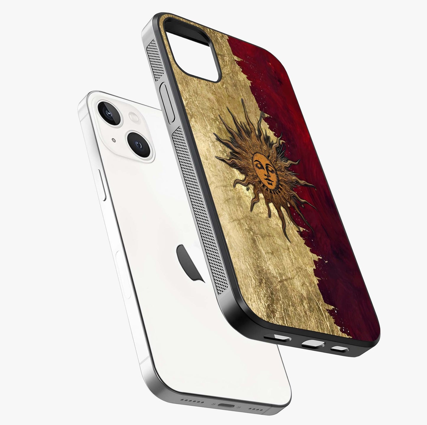 Crimson Sun Majesty Glass Case laid diagonally highlighting side profile, edges and glossy glass shine.