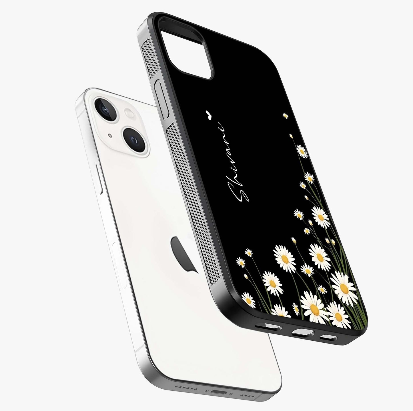 Daisy Cascade Custom Name Glass Case laid diagonally highlighting side profile, edges and glossy glass shine.