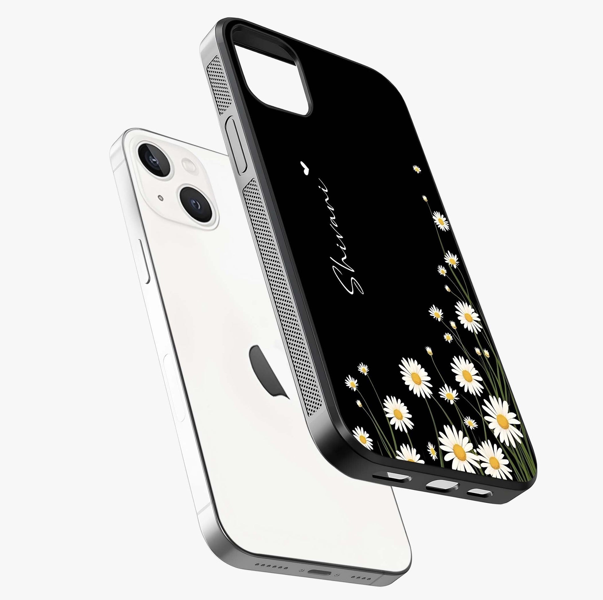 Daisy Cascade Custom Name Glass Case laid diagonally highlighting side profile, edges and glossy glass shine.