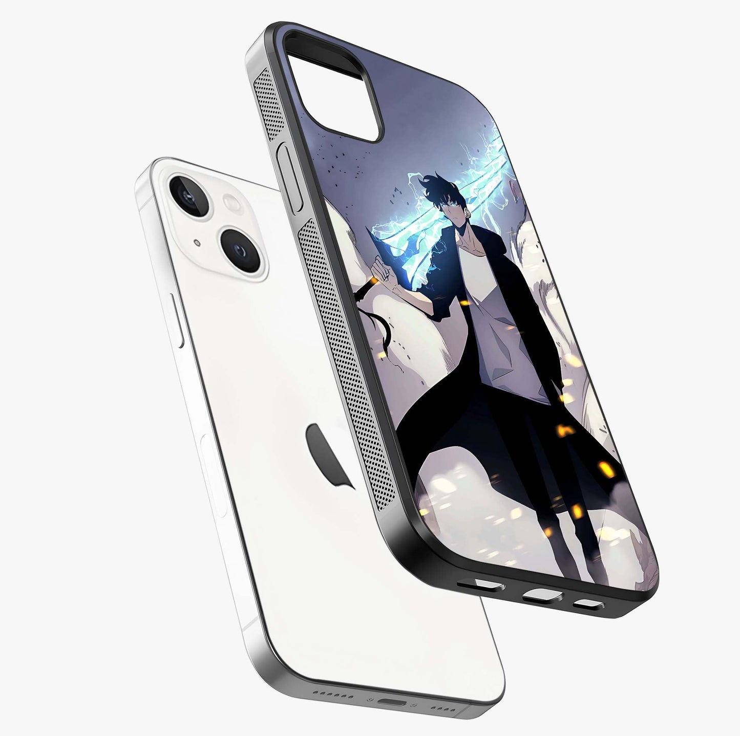 Dark Lightning Anime Warrior Glass Case laid diagonally highlighting side profile, edges and glossy glass shine.