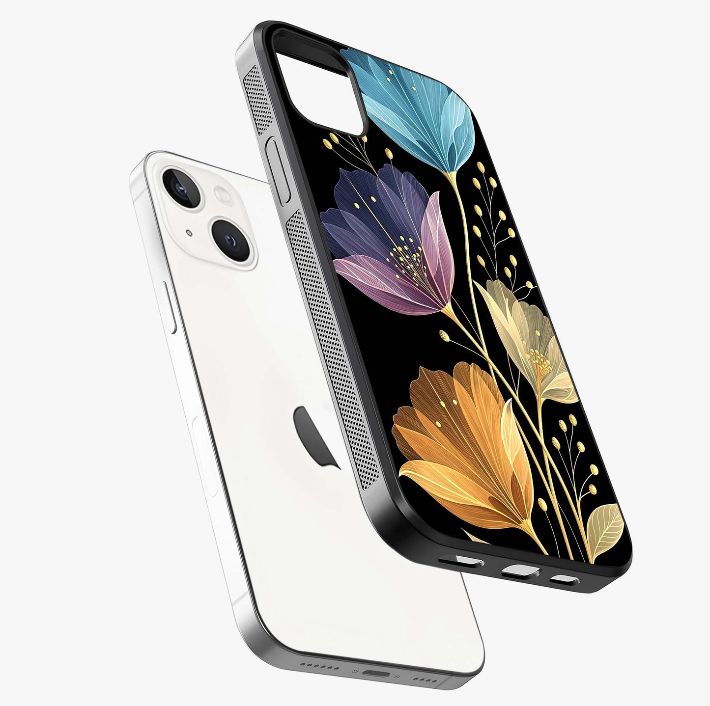 Delicate Multicolor Flowers Glass Case laid diagonally highlighting side profile, edges and glossy glass shine.