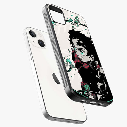 Demon Slayer Glass Case laid diagonally highlighting side profile, edges and glossy glass shine.