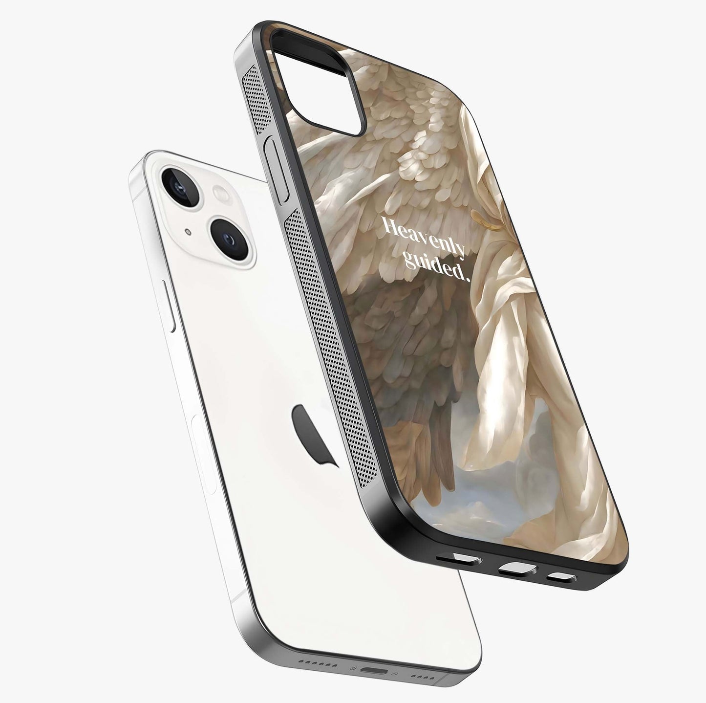 Divine Winged Grace Glass Case laid diagonally highlighting side profile, edges and glossy glass shine.