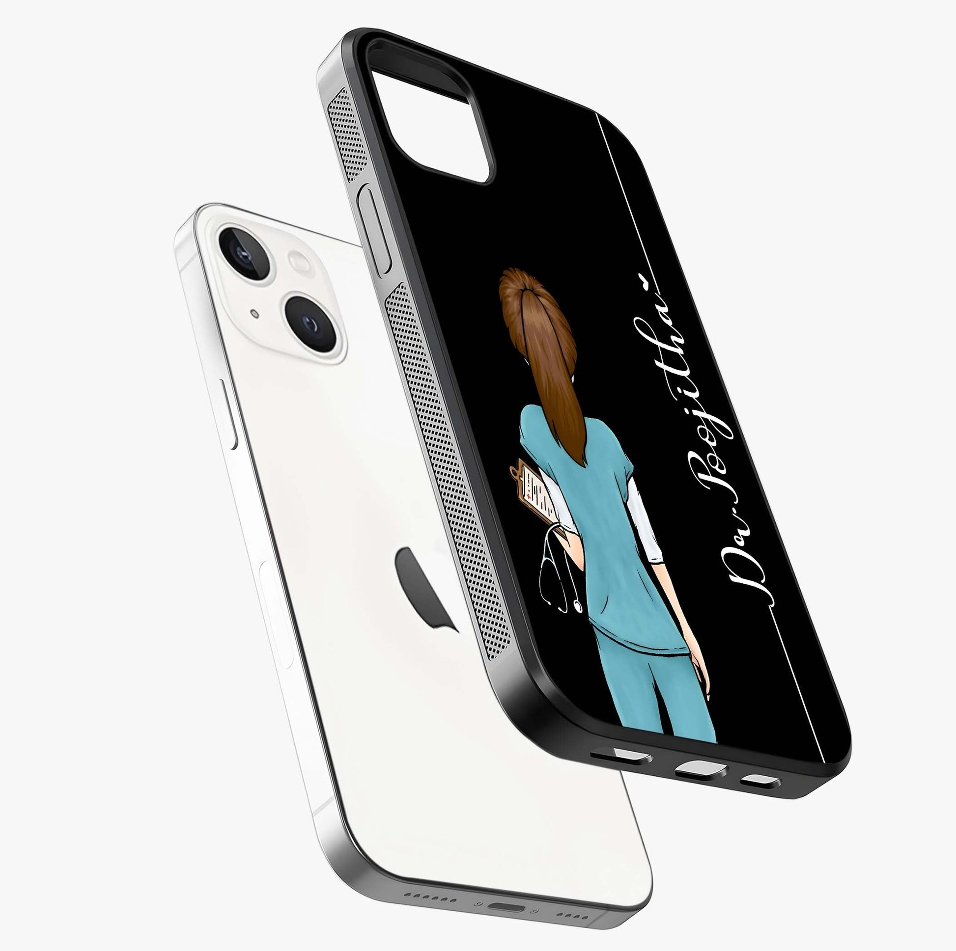 Doctor Pattern Custom Name Glass Case laid diagonally highlighting side profile, edges and glossy glass shine.