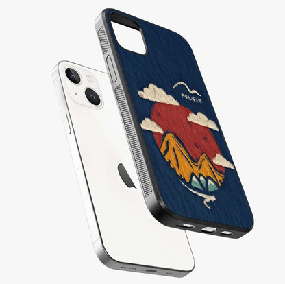 Dream Beyond Mountains Glass Case laid diagonally highlighting side profile, edges and glossy glass shine.