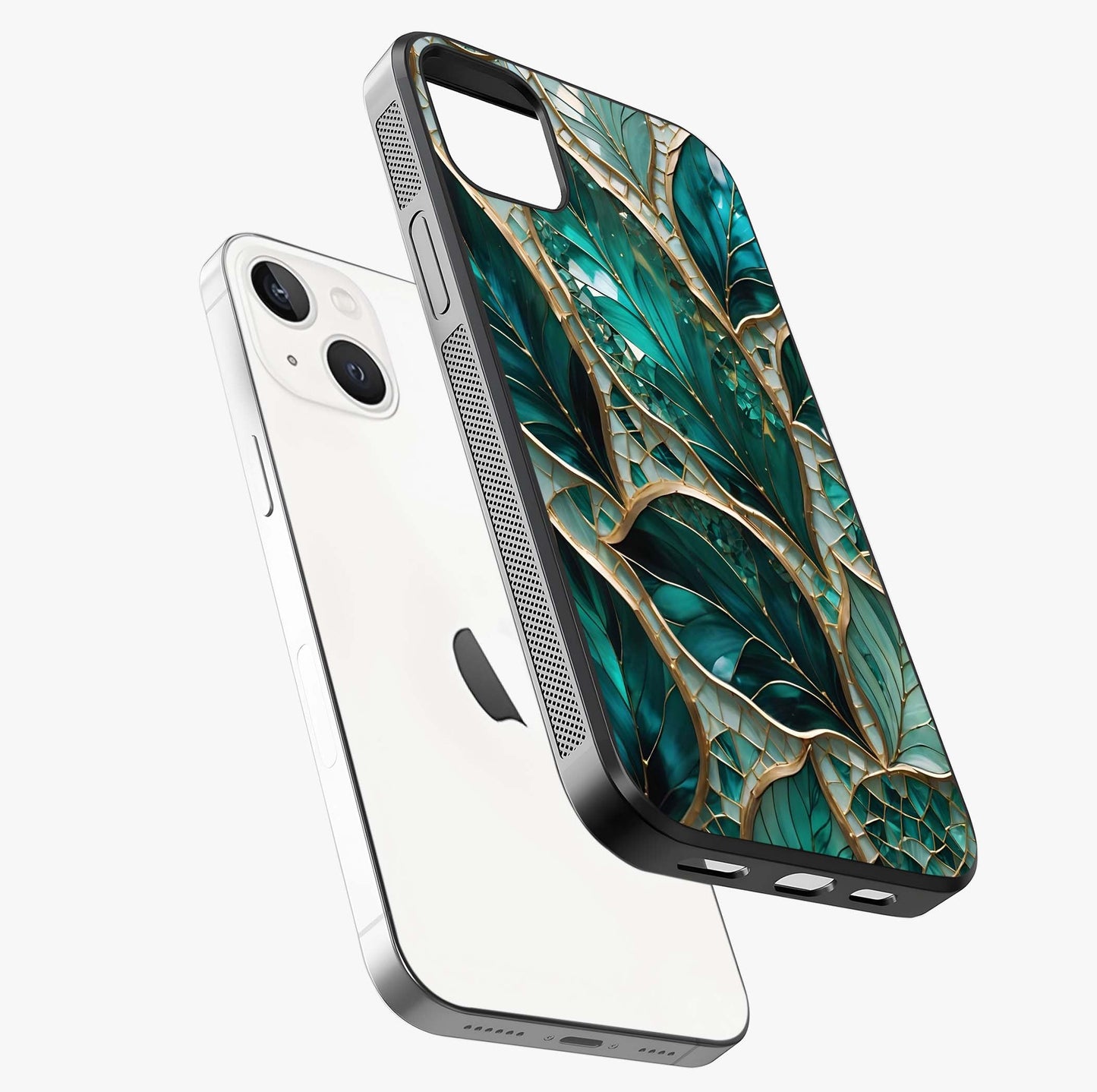Emerald Leaf Glass Glass Case laid diagonally highlighting side profile, edges and glossy glass shine.