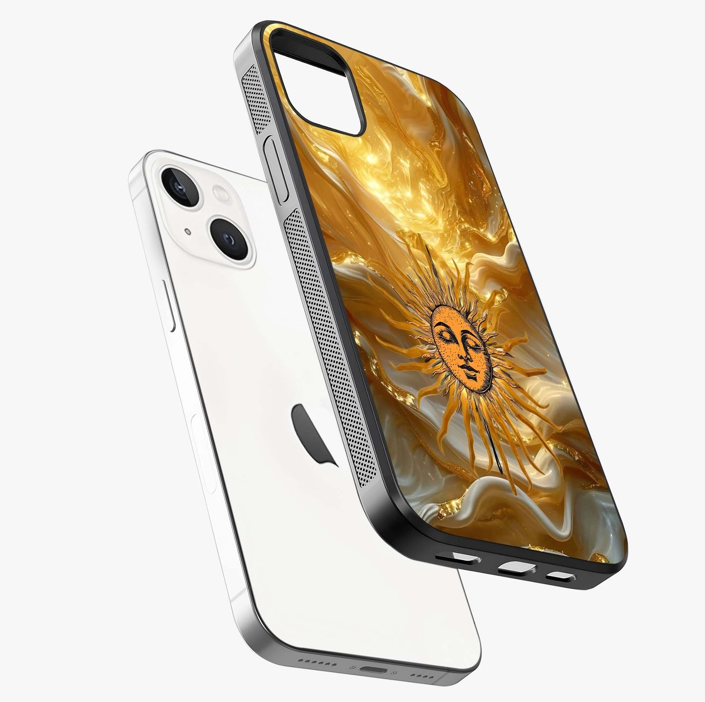 Eternal Golden Glow Glass Case laid diagonally highlighting side profile, edges and glossy glass shine.