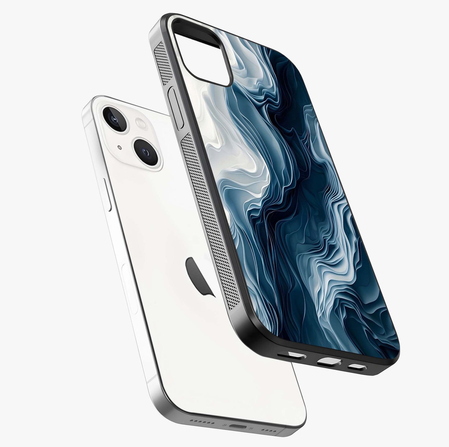 Ethereal Paper Marble Glass Case laid diagonally highlighting side profile, edges and glossy glass shine.