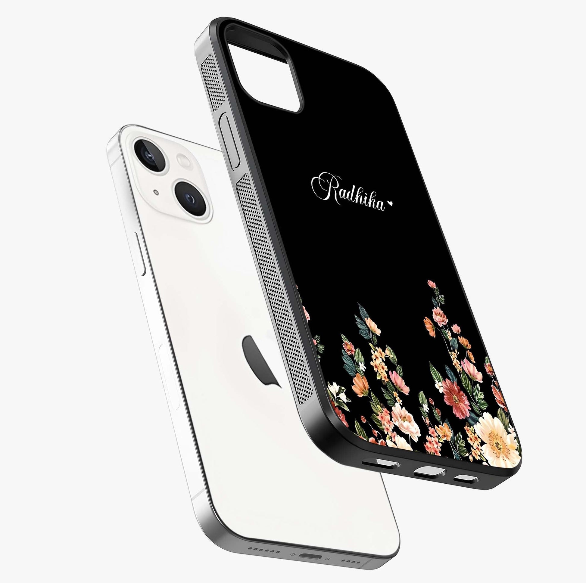 Floral Design With A Custom Personalized Name Glass Case laid diagonally highlighting side profile, edges and glossy glass shine.