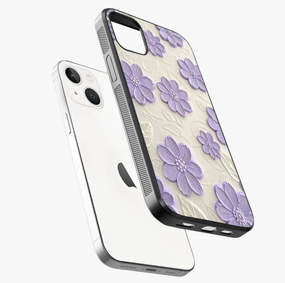 Floral Wall Art With Purple Flowers Glass Case laid diagonally highlighting side profile, edges and glossy glass shine.
