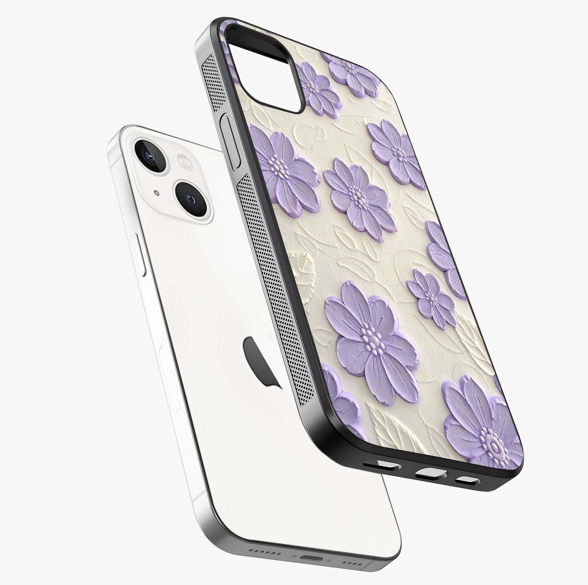 Floral Wall Art With Purple Flowers Glass Case laid diagonally highlighting side profile, edges and glossy glass shine.