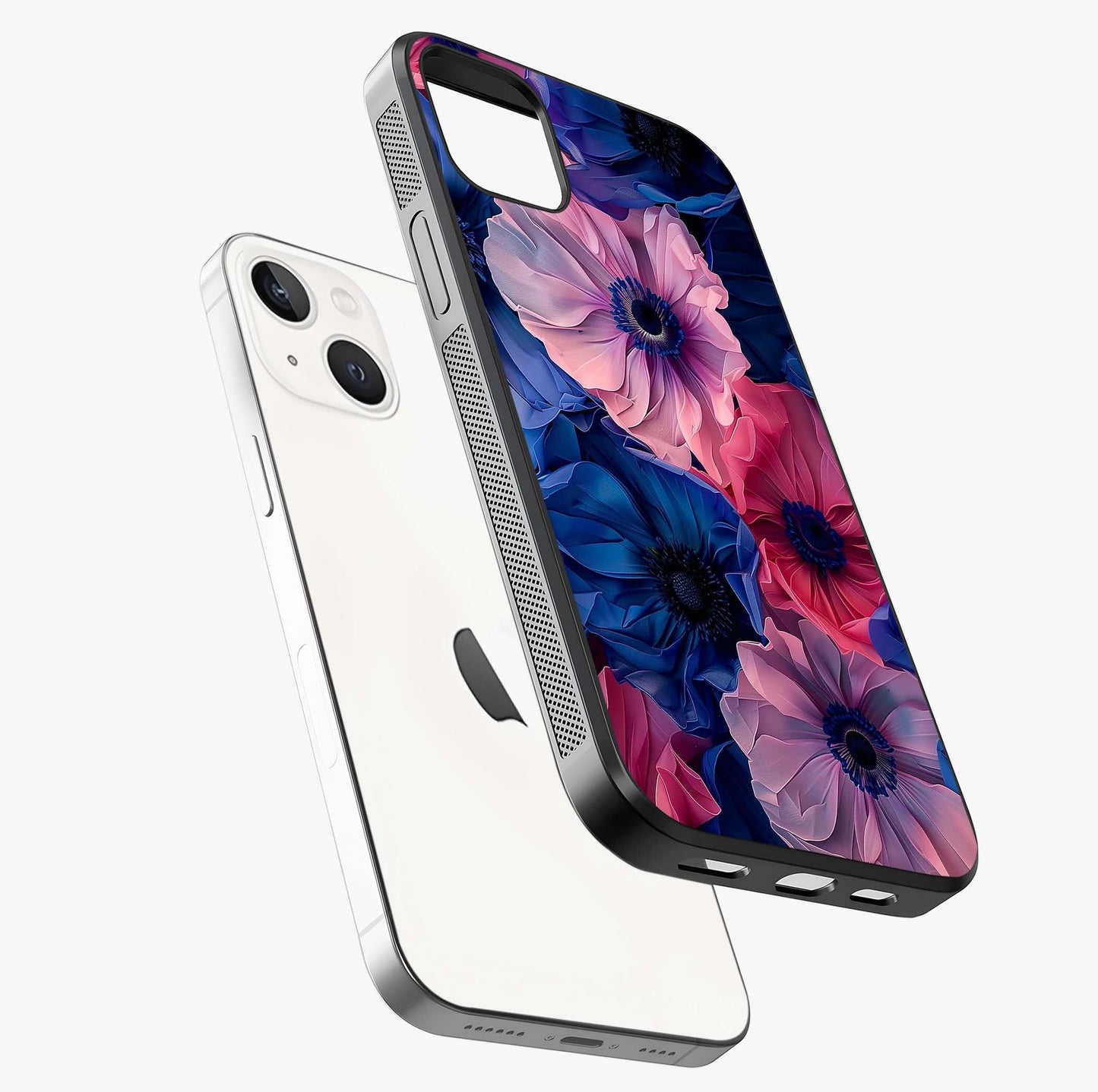 Flower Paper Art Pattern Glass Case laid diagonally highlighting side profile, edges and glossy glass shine.