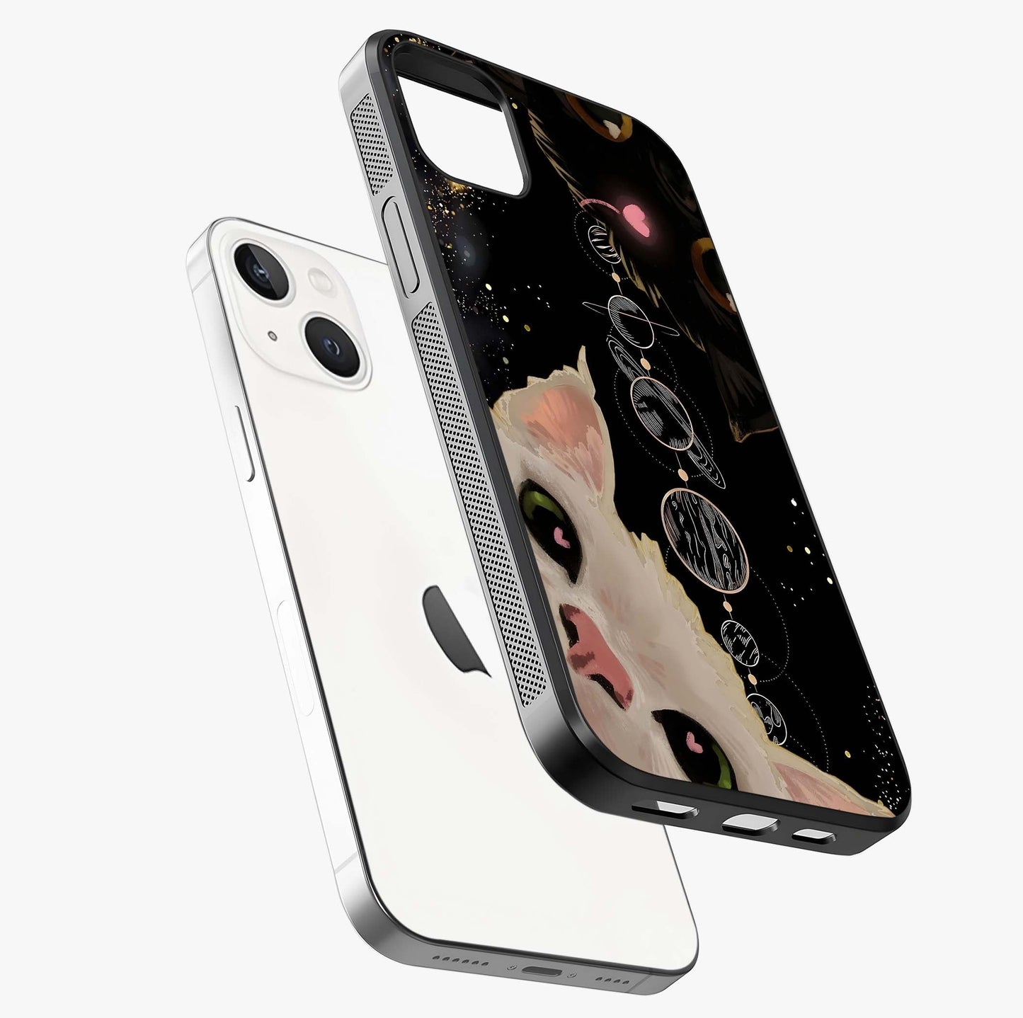 Galactic Cat Glass Case laid diagonally highlighting side profile, edges and glossy glass shine.